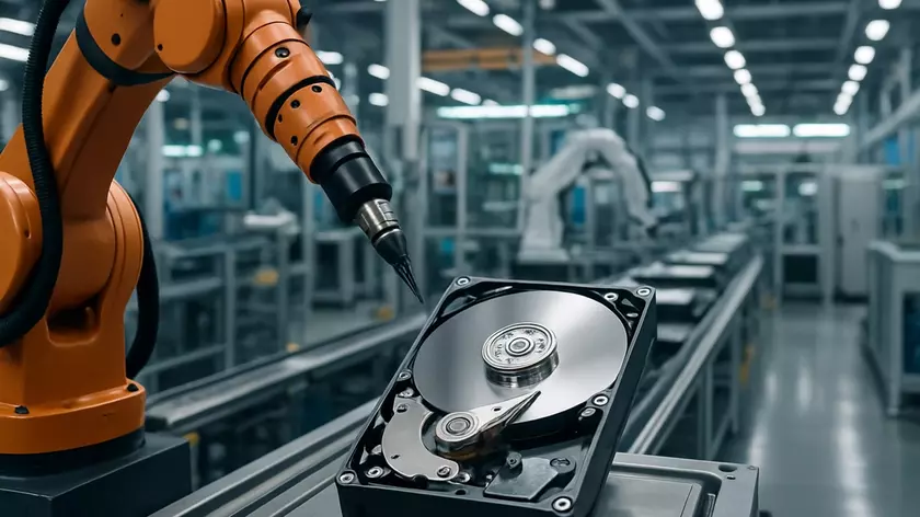 Робот на фабрике Toshiba проверяет жесткий диск