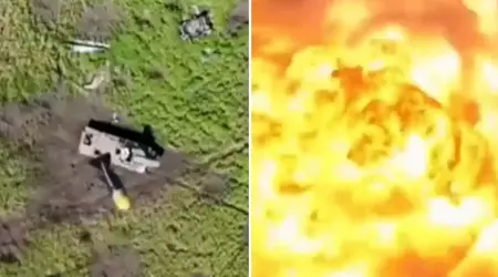 A Ukrainian quadrocopter spectacularly ripped to pieces a Russian UR-77 "Meteorite" self-propelled demining rocket launcher with 700kg of explosives with a single grenade
