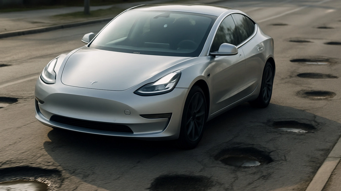 Tesla об'їжджає вибоїни на дорозі