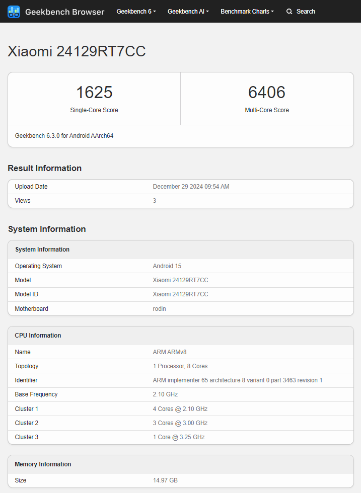 Результат тесту процесора Dimensity 8400-Ultra у смартфоні Redmi Turbo 4