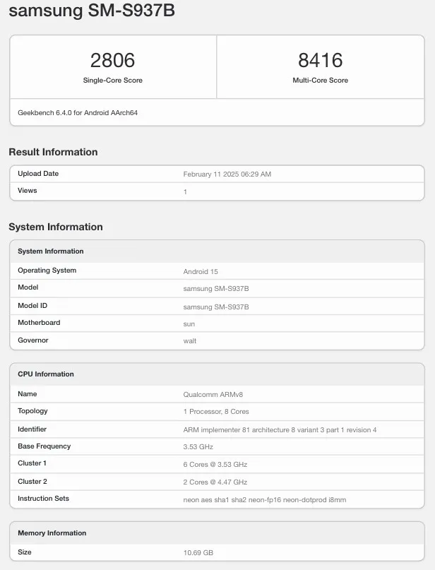 Тест глобальної версії Galaxy S25 Edge на Geekbench