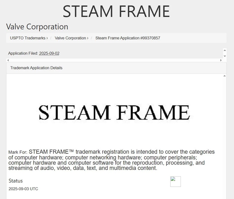 Image of Valve's new Steam Frame trademark