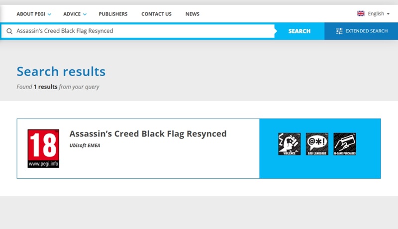 Скріншот фотографії з PEGI з рейтингом ремейка Black Flag Resynced