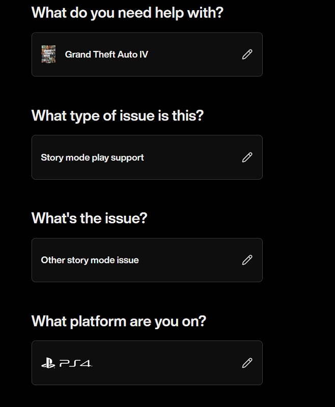 Screenshot from Rockstar Games' support site showing the PS4 as the platform for GTA IV