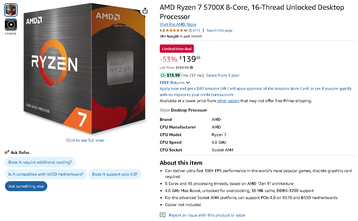 Screenshot of the AMD Ryzen 7 5700X 8-Core processor