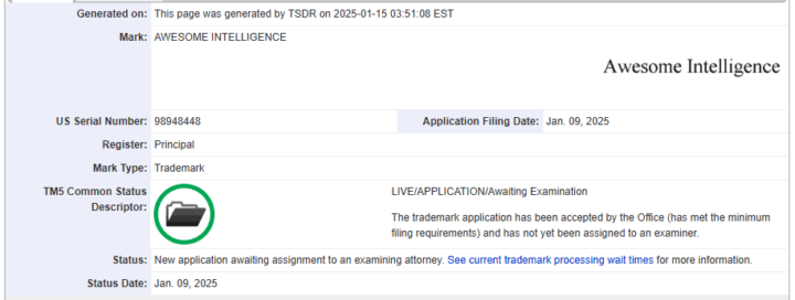 Screenshot of the 'Awesome Intelligence' trademark in the US