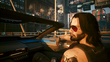 Johnny Silverhand in a car in Cyberpunk 2077.