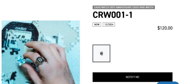 Casio CRW001-1 ring watch on the background of information about restocking in the USA