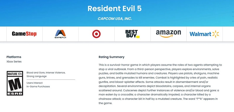 Возрастной рейтинг Resident Evil 5 для Xbox Series. Источник: ESRB