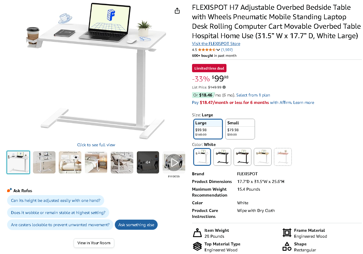 Screenshot of the FLEXISPOT H7 Adjustable Overbed Table on Amazon