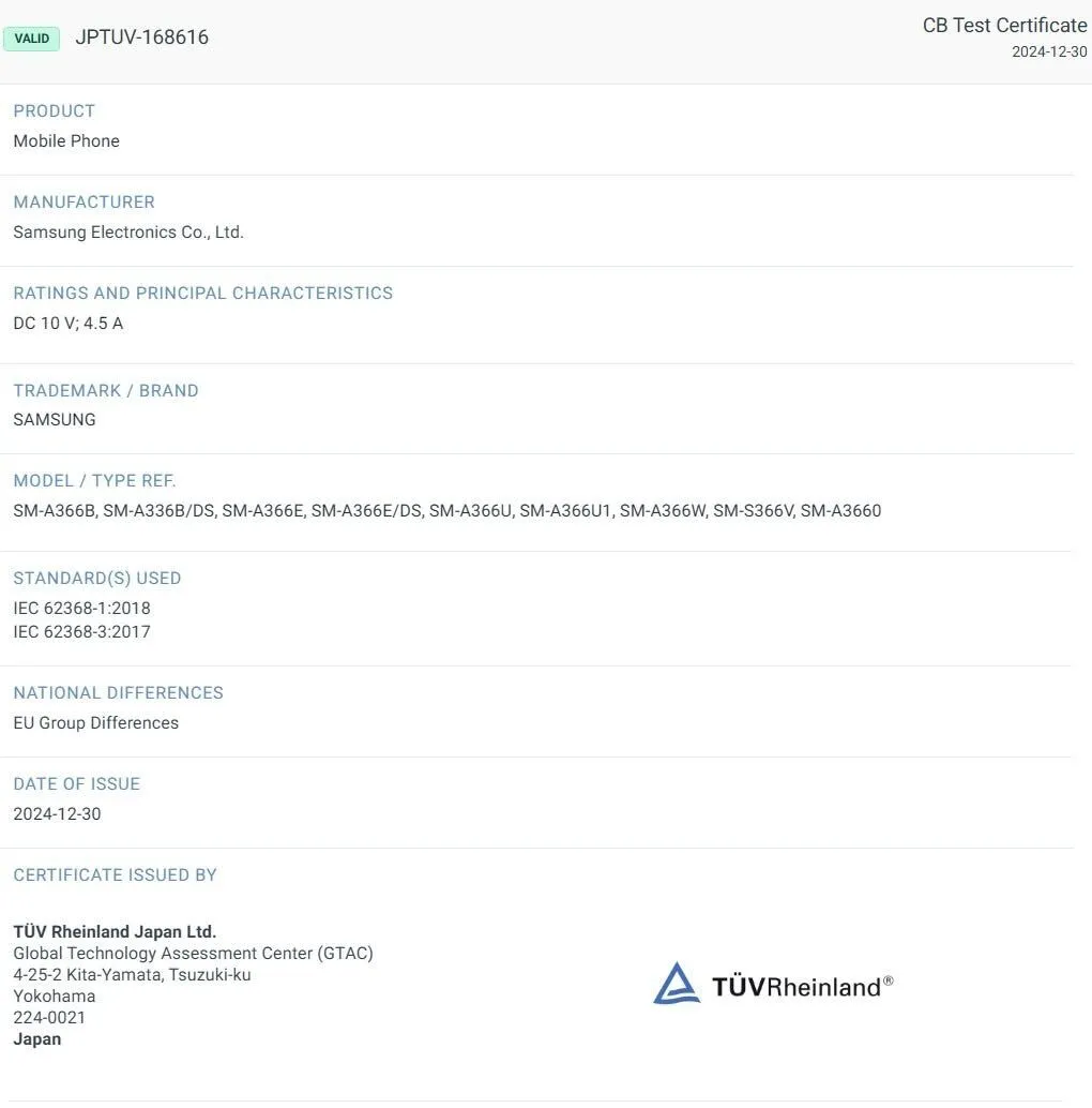 Galaxy A36 5G Certification IECEE