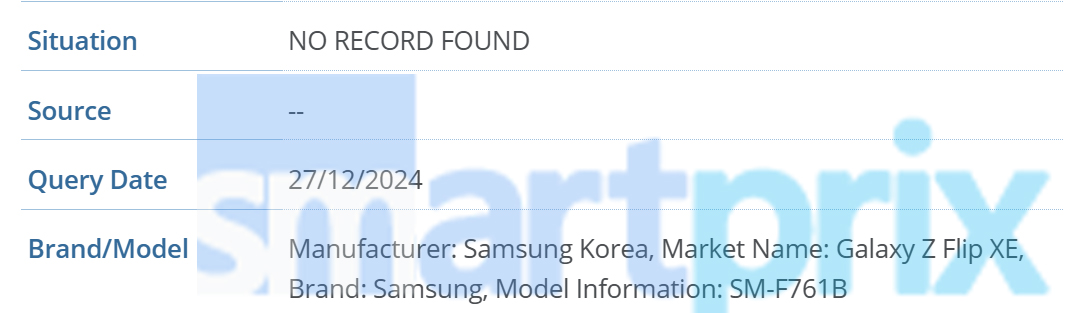 Інформація про Samsung Galaxy Z Flip FE (XE) у базі даних GSMA