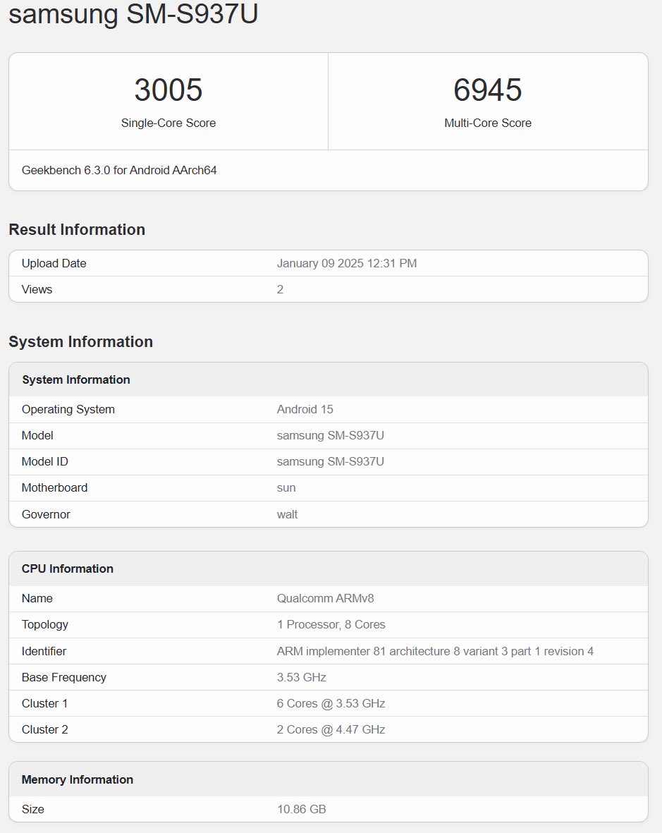 Результати тесту Galaxy S25 Slim на Geekbench