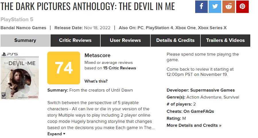 Maniac Hotel a ouvert ses portes : le jeu d'horreur The Dark Pictures : The Devil In Me est sorti. Les critiques ont accueilli le jeu avec modération.-2