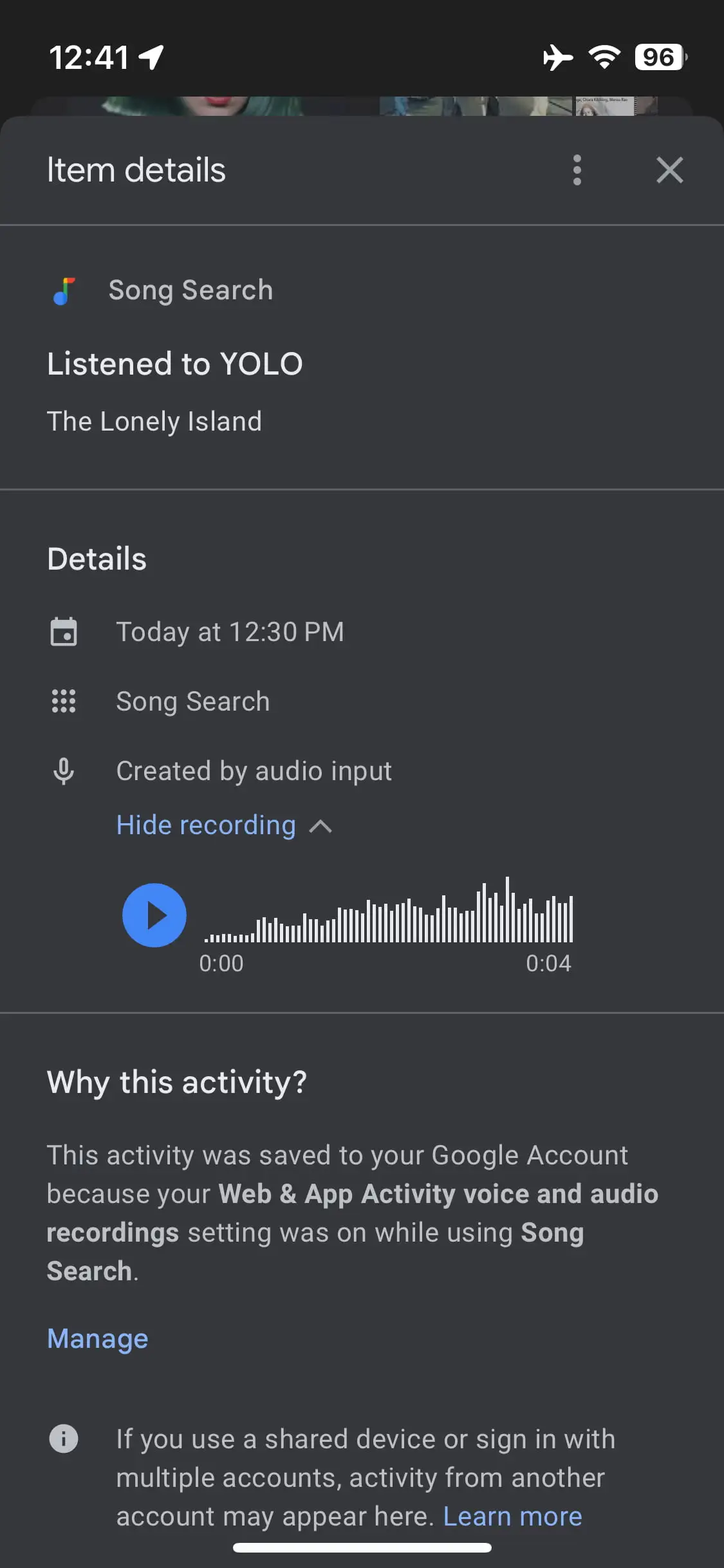 Recherches de chansons récentes dans l'application Google