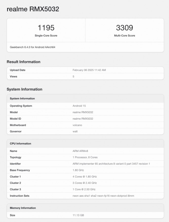 Realme P3 Pro performance test results on Geekbench