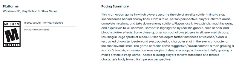 Скриншот описания игры на сайте ESRB