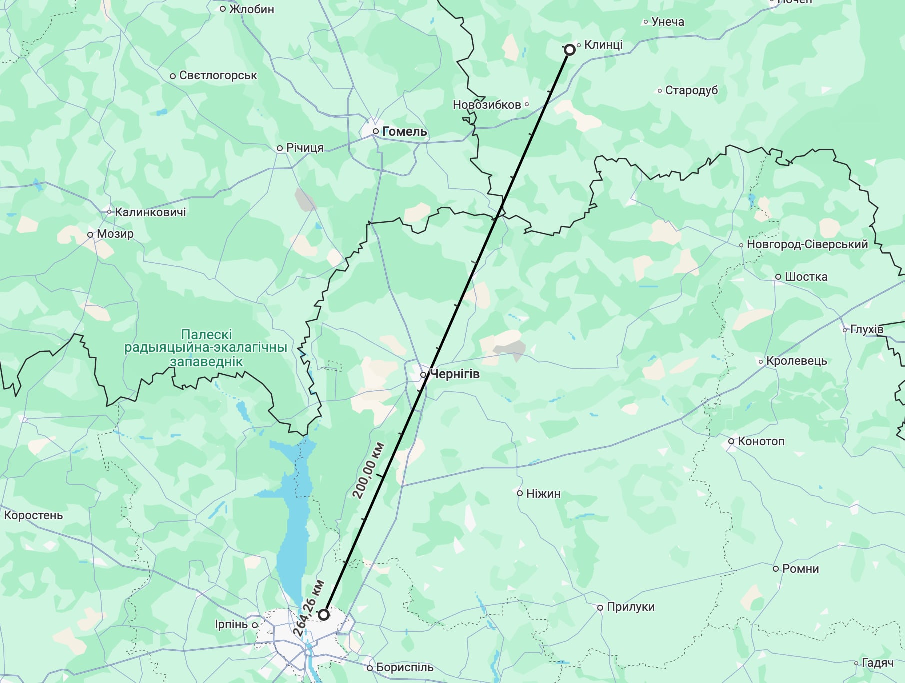 Map of the distance from Klintsy to Kyiv