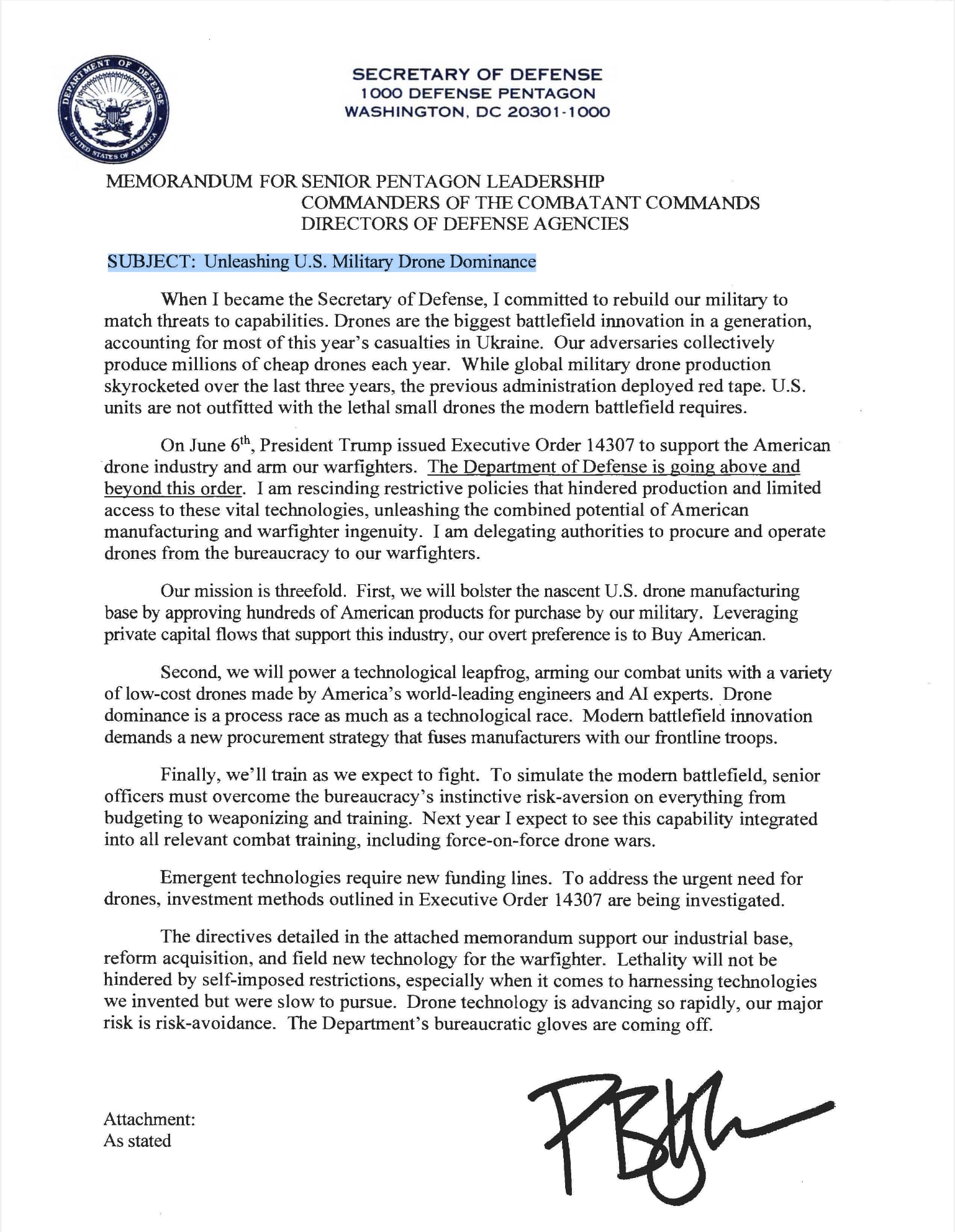 The text of the Pentagon memorandum has been published