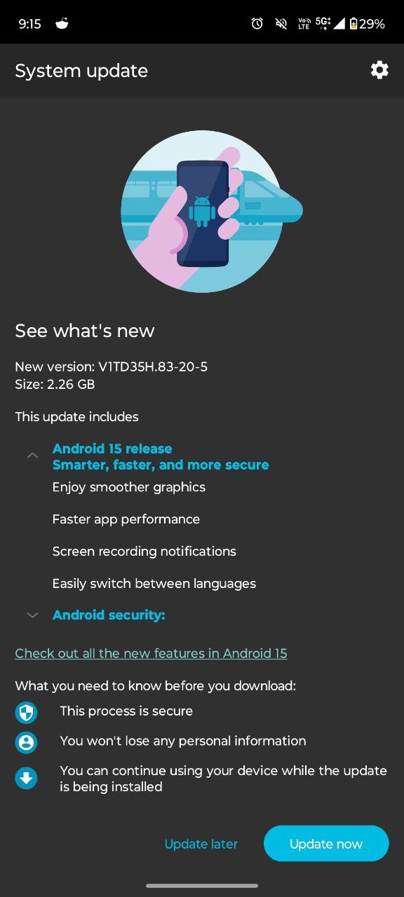 Скріншот оновлення Moto G64 5G до Android 15