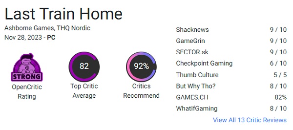 Les critiques et les joueurs ont accueilli chaleureusement la stratégie "Last Train Home" : le jeu bénéficie d'excellentes critiques et de scores élevés.-2