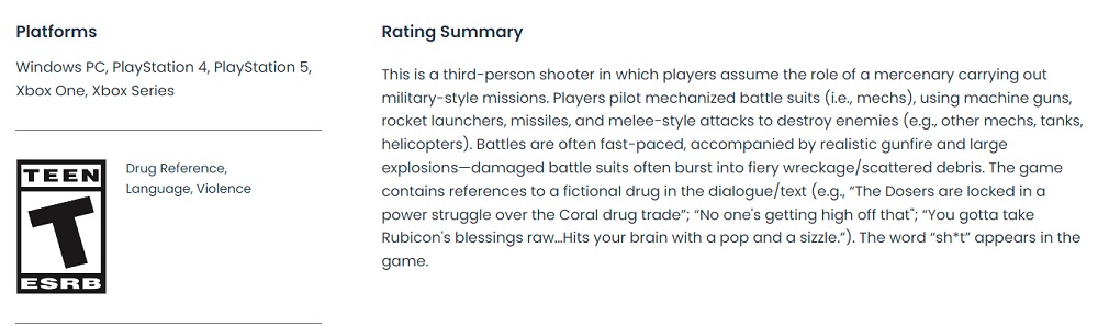 Adolescents autorisés : Le comité de classification de l'ESRB attribue une note d'âge à Armored Core VI de FromSoftware : Fires of Rubicon-2