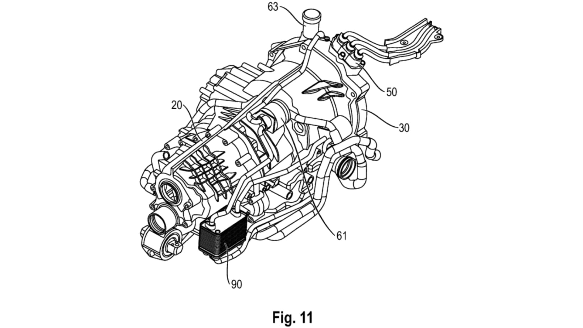 Image of the Porsche hybrid powertrain patent with axial magnetic flux and internal combustion engine.