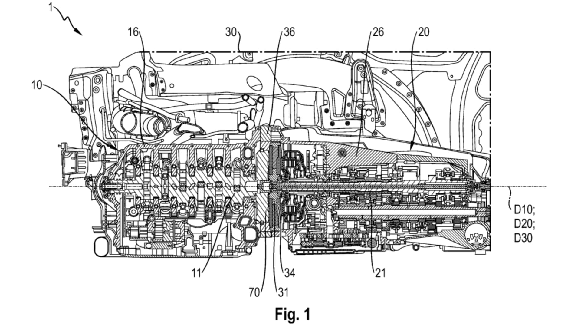 Illustration of the layout of the hybrid powertrain in a Porsche car.