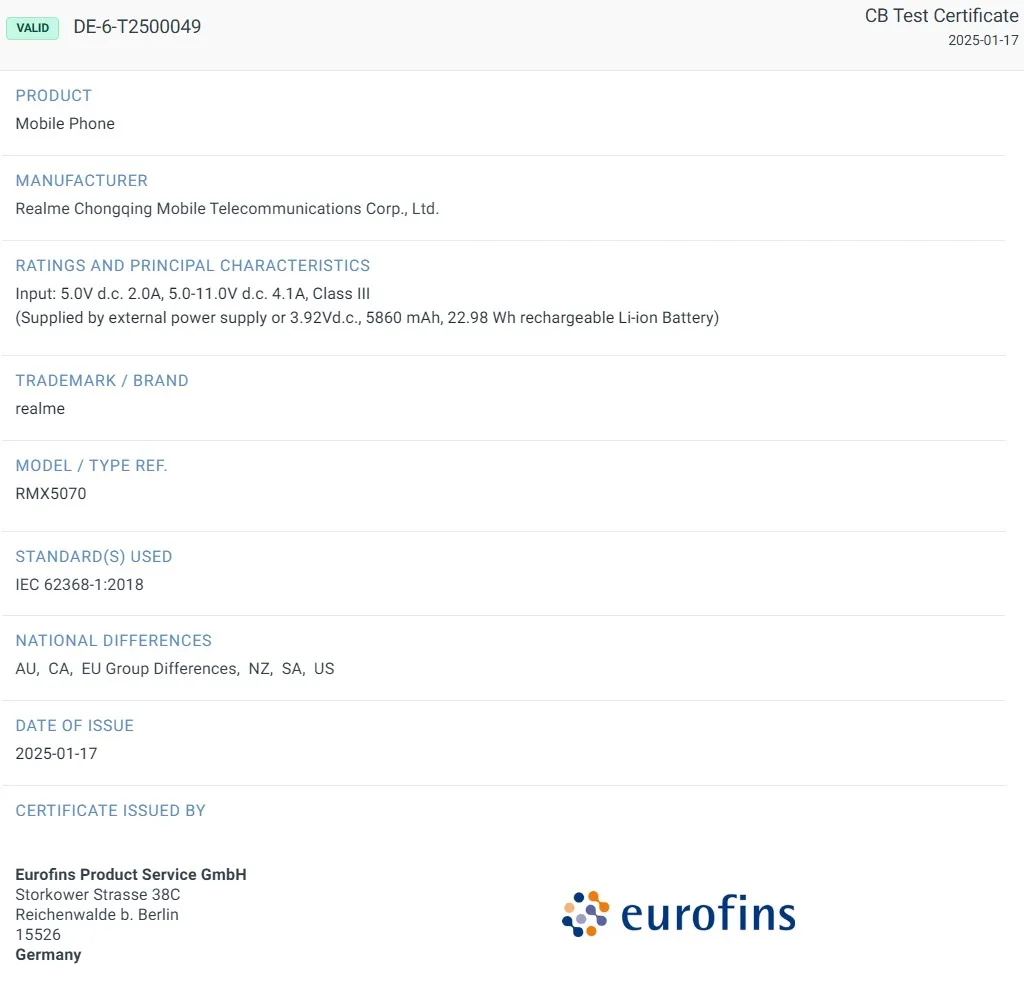 Информация о батарее и скорости зарядки смартфона Realme RMX5070 (P3)