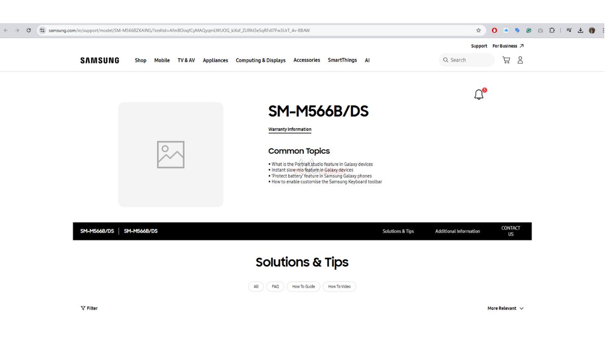 Page d'accueil du Samsung Galaxy M56 en Inde