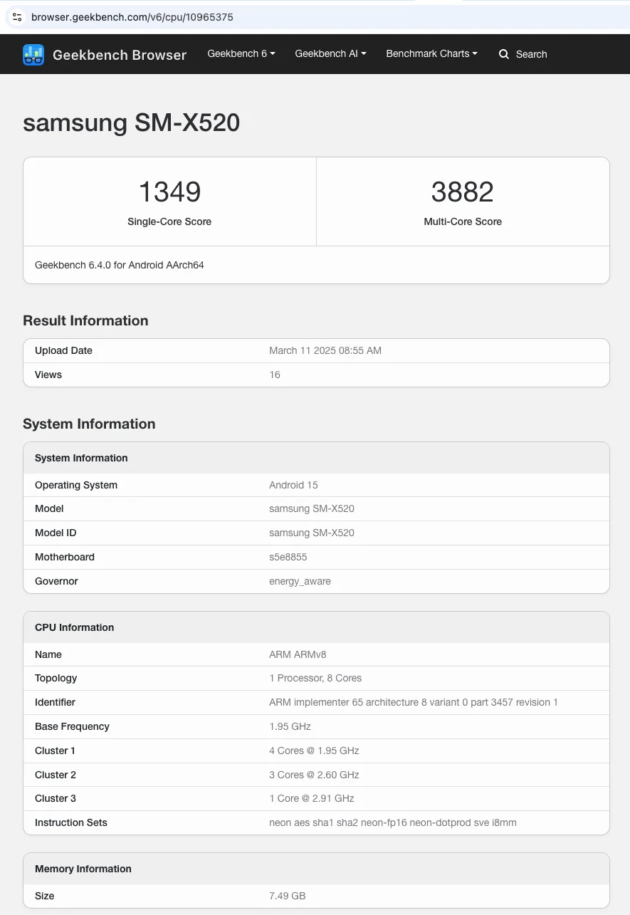 Résultats des performances de la Galaxy Tab S10 FE dans le test de référence Geekbench.