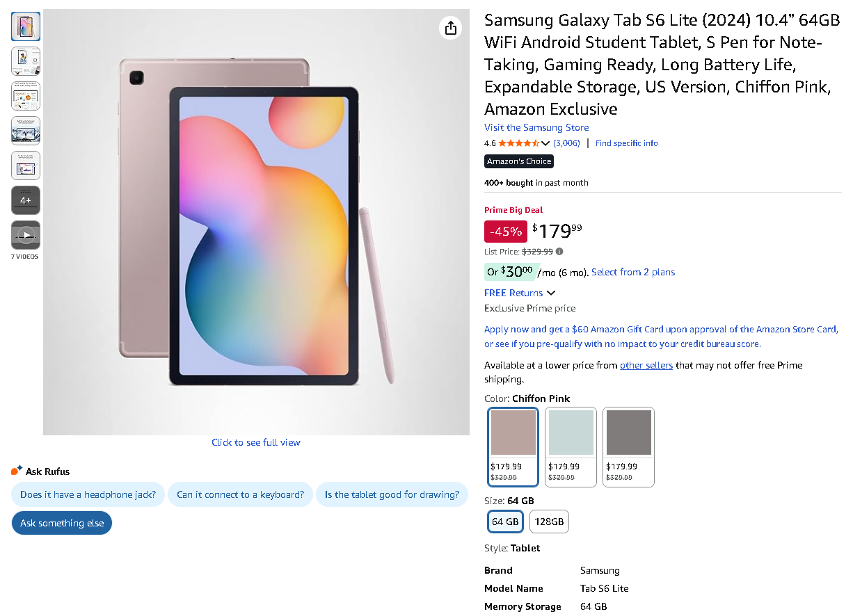 Galaxy Tab S6 Lite Screenshot Screenshot of the Samsung Galaxy Tab S6 Lite on Amazon