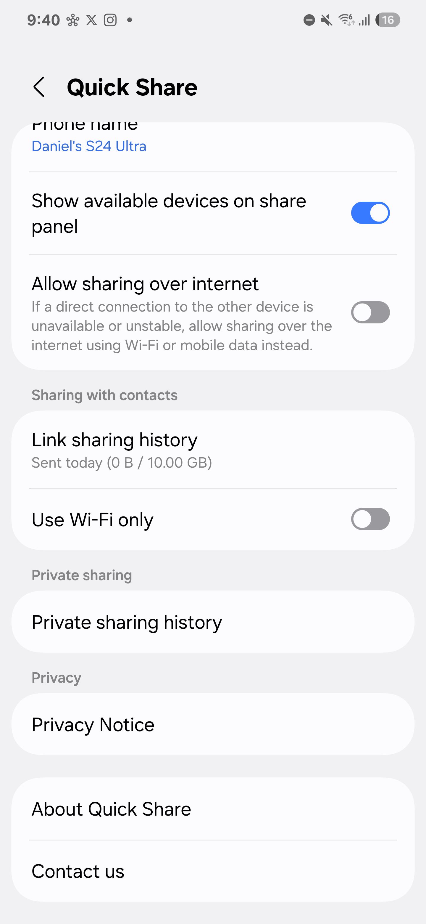 Скріншот із новими налаштуваннями для Quick Share