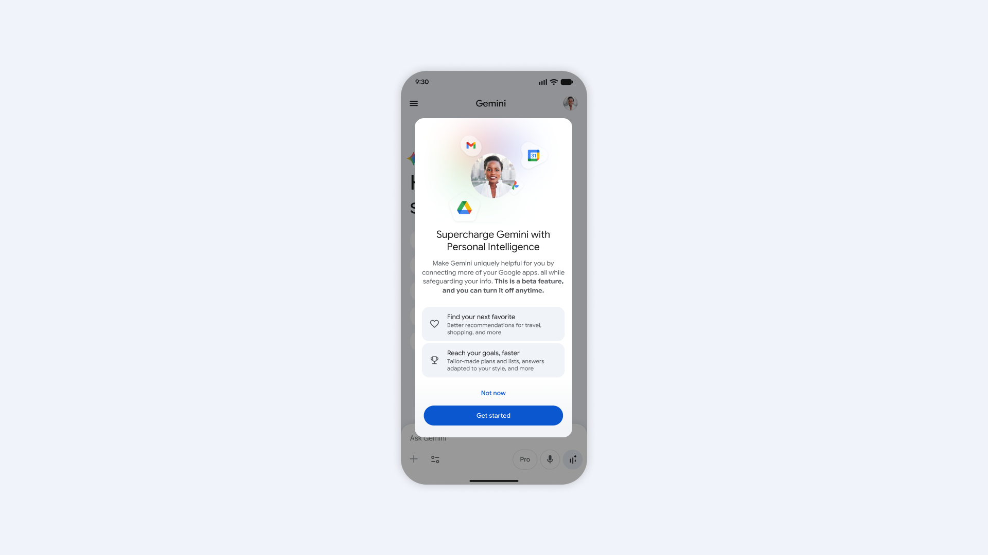 Screenshot of the Gemini mobile app interface with the Personal Intelligence activation screen. Illustration: Google