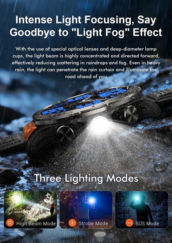 A built-in LED flashlight with SOS mode is integrated into the watch casing.