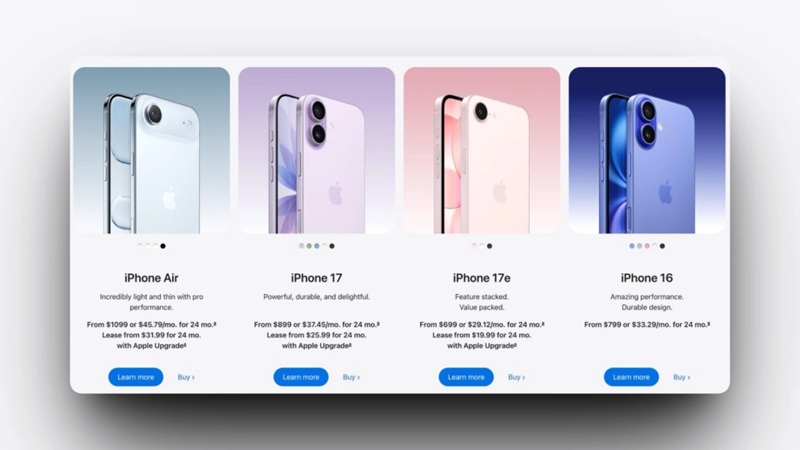 Les quatre modèles iPhone concernés par la hausse de prix : iPhone 17e, 16, 17 et Air.