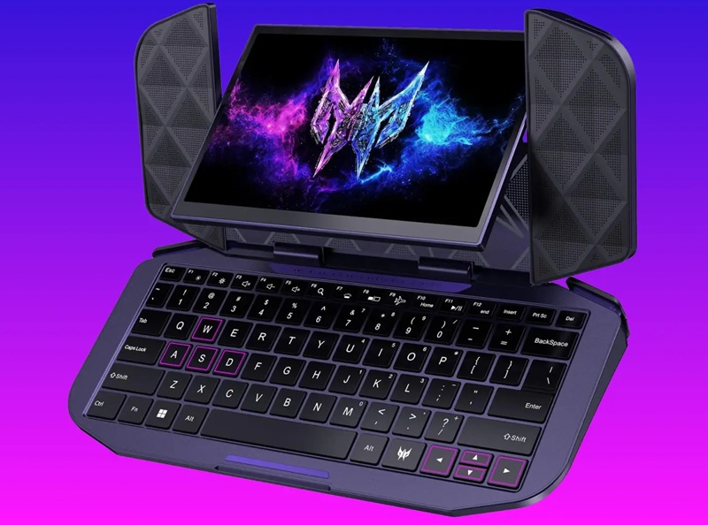 Écran pivoté au-dessus du clavier rétroéclairé : le DualPlay Mini en mode mini-laptop.