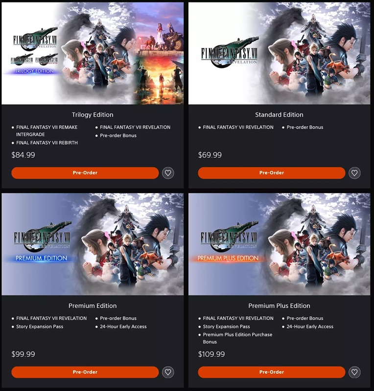 Physical editions for Final Fantasy VII Revelation, including the Collector's Edition statuette set