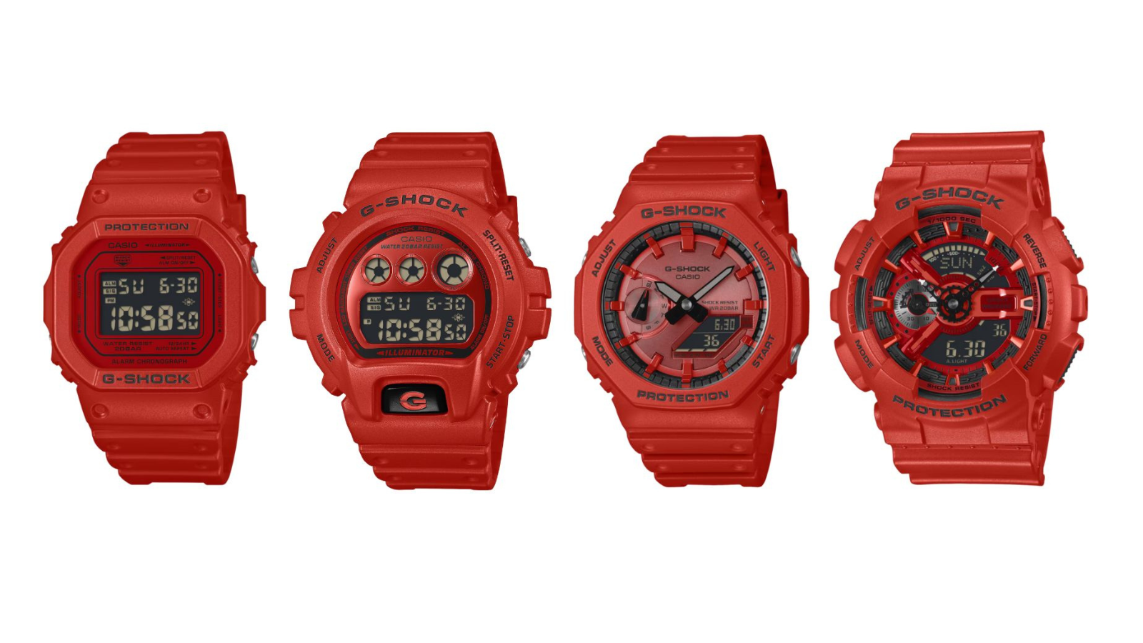 Casio G-Shock red watches: DW5600RRB-4, DW6900RRB-4, GA2100RRB-4A and GA110RRB-4A
