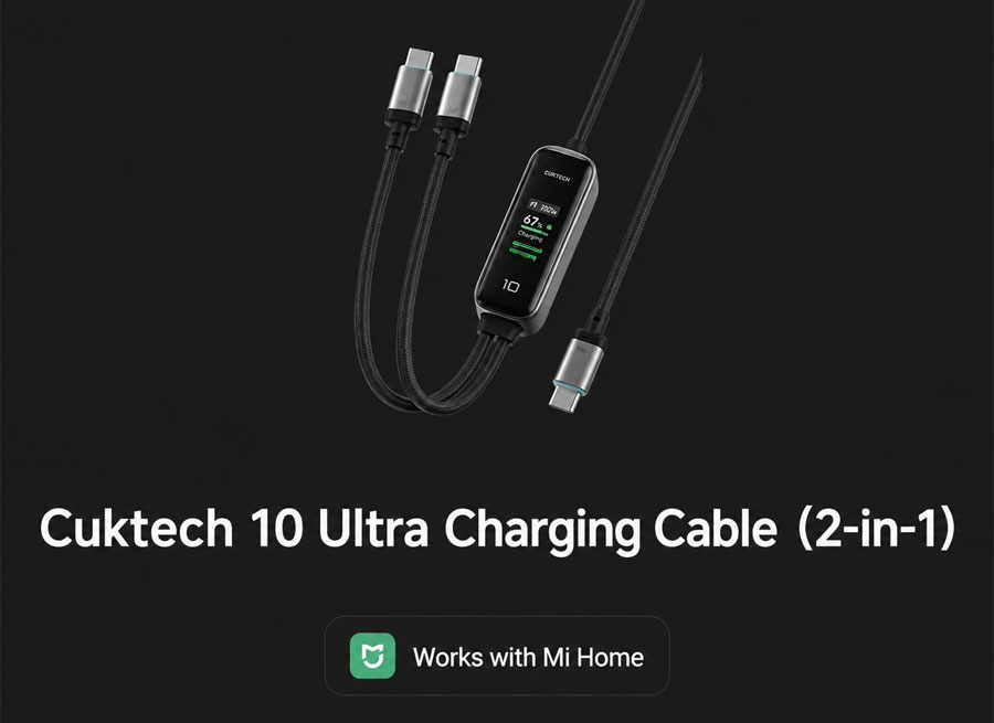 Cuktech's upcoming smart cable features a braided design, inline power display, and Mi Home connectivity.