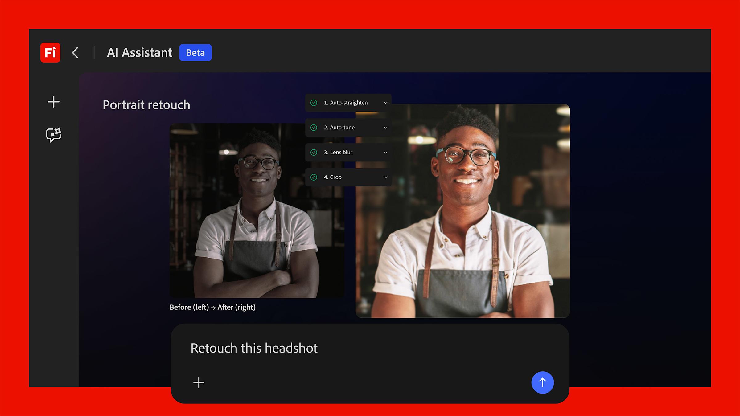 Интерфейс Firefly AI Assistant с примером автоматической ретуши портрета. Иллюстрация от Adobe