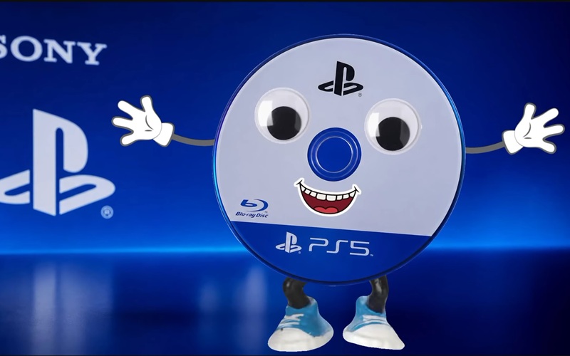 Nemu, Sony's Night Owl Bear mascot candidate, alongside the satirical 'Disc-guy' concept that went viral after Sony's disc discontinuation announcement.