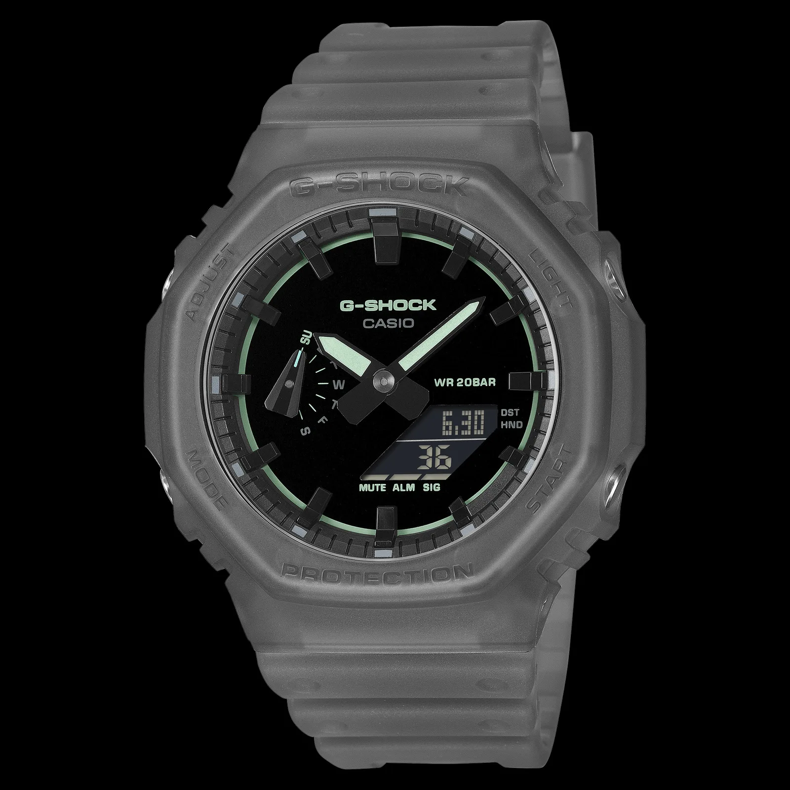 GA-2100K-1AJF димчастий сірий корпус з зеленими акцентами