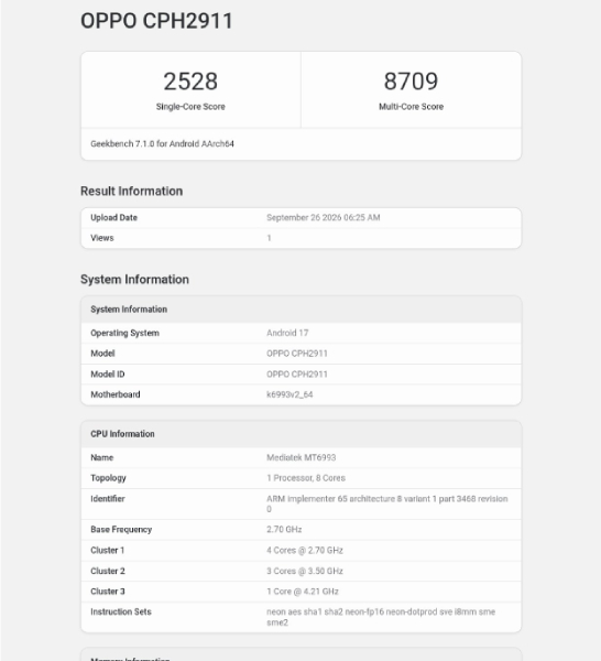Результаты тестирования смартфона OPPO Find X10 на Geekbench