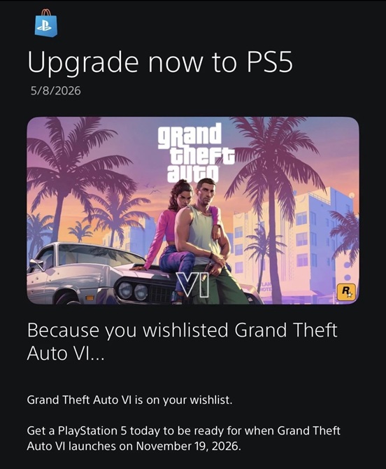 Зображення GTA VI з повідомленням PlayStation