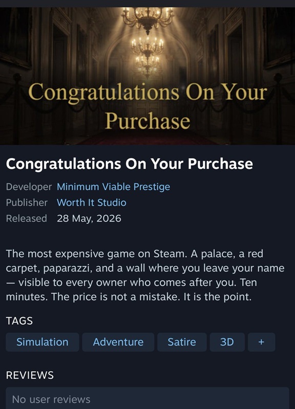 The Steam listing confirms the $999.99 price is intentional.