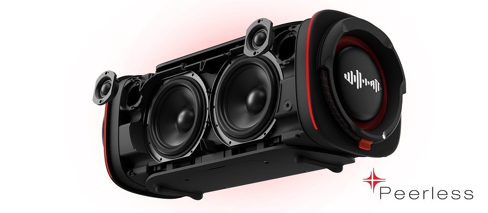 L'enceinte intègre des woofers Peerless, un éclairage RGB et des poignées de transport.