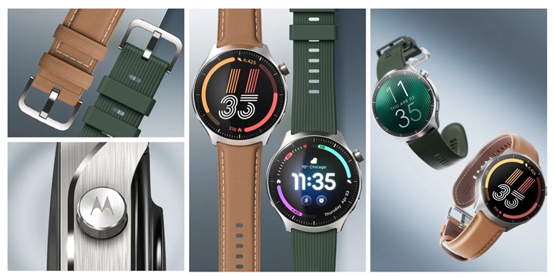 Le boîtier en acier inoxydable de la Moto Watch Ultra, avec son écran pOLED incurvé et sa couronne latérale.