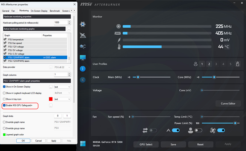 Інтерфейс програми MSI Afterburner