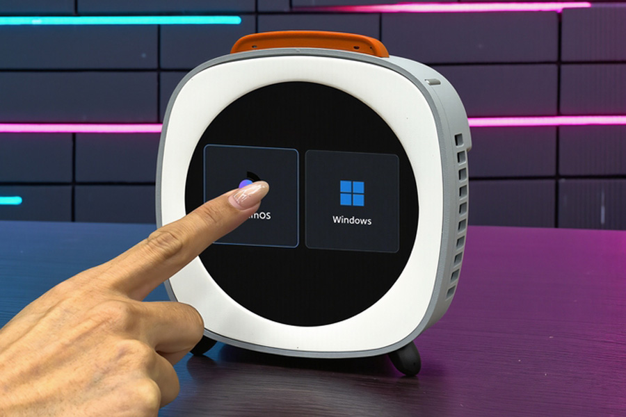 Piston V's 4-inch circular touchscreen lets you choose between Windows and SteamOS at boot.